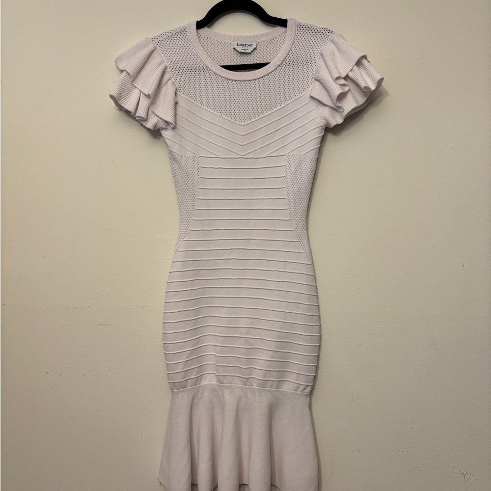 Bebe Off White Ruffled Pleated Bodycon Mini Dress